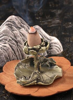 古玩铜器黄铜香插双鱼戏莲铜艺小摆件创意仿古做旧铜雕香炉铜把件