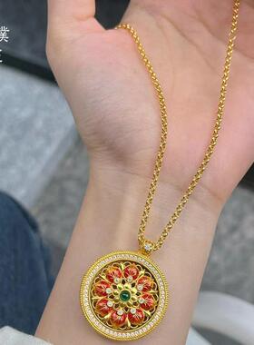 金店同款古法沙金八宝罗盘镶钻项链女可转动莲花毛衣颈链