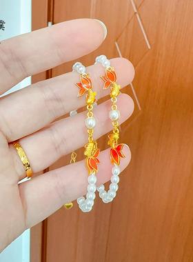 金店同款沙金双鱼戏珠珍珠手链锦鲤金鱼手串时尚国风手链送女友