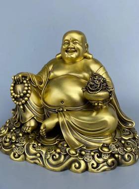 铜弥勒佛摆件黄铜聚宝盆笑佛大肚佛元宝佛家用供养佛像客厅装饰品
