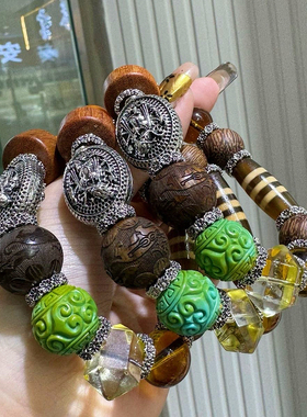 原创多宝绿松石雕刻菩提天珠手串手链水晶老山檀男女款时尚潮流