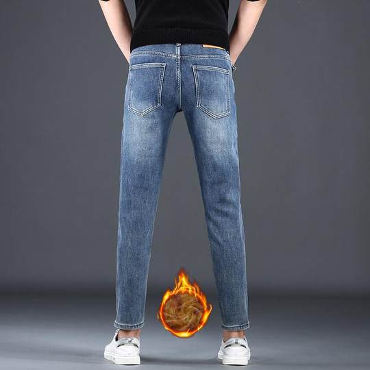 高端九分牛仔裤男修身小脚2024新款蓝色弹力休闲男士加绒9分裤子