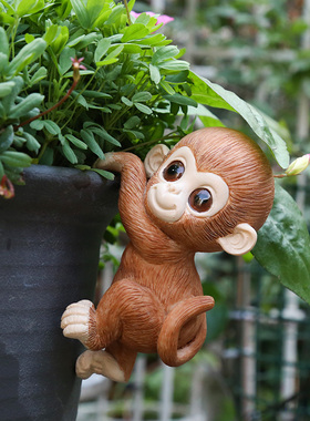 花园杂货 盆景小摆件装饰品园艺摆创意挂盆小猴子仿真动物摆件