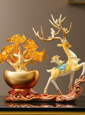 速发一鹿发财招财元宝树桌面摆件家厅装饰品客居桌面礼关乔迁新居