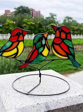 跨境货源彩色玻璃百花艺小鸟摆件居23062401窗台桌家面玻璃工品太