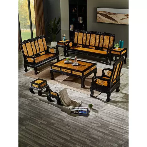 Комбинация дивана и стула Golden nanmu, журнальный столик из массива дерева, резьба из массива дерева, антикварная гостиная, классическая мебель из красного дерева в китайском стиле.