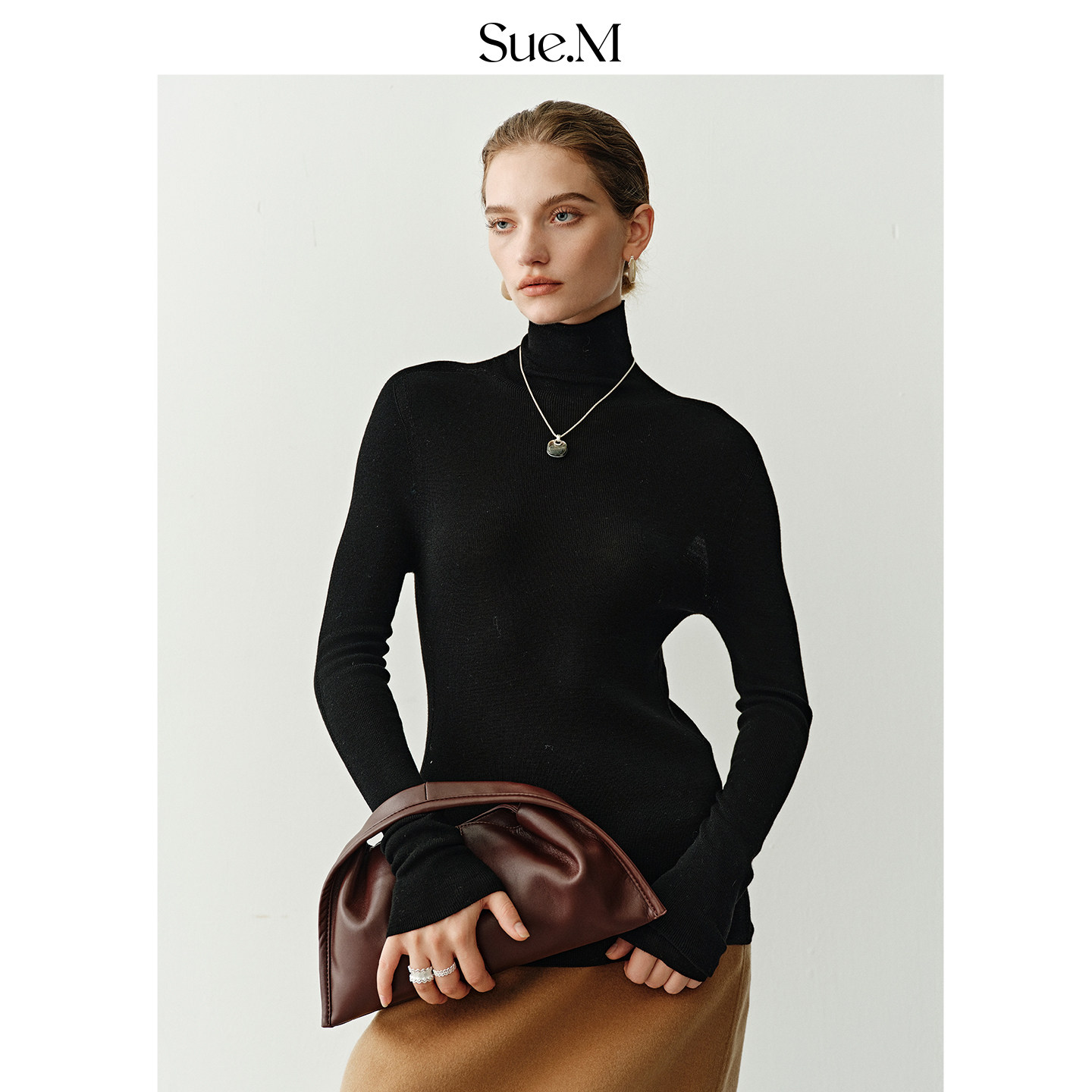 Sue.M德國进口120支绵羊毛一体成型无缝打底高领毛衣女冬18针工艺 - 图0