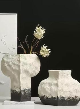 新中式复古做旧树脂黑白水墨花瓶别墅酒店玄关客厅干花器艺术摆件