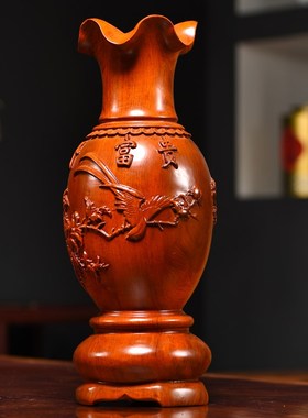 速发花梨实木厅刻花开摆件大号花瓶富贵一对家居客雕电视柜装饰工