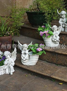 花园装饰天使花缸雕塑庭院创意园林景观树脂工艺品阳台花盆摆件