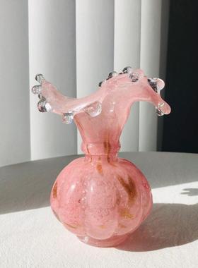 中古玻璃花瓶温柔水滴芬顿雾粉洒金肌理小众复古手工琉璃花器插花