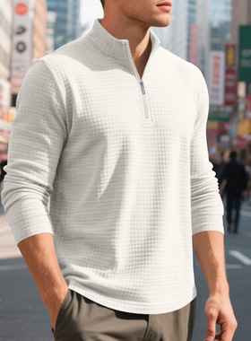 Men's shirts春秋季提花小方格立领半拉链长袖卫衣休闲卫衣男款