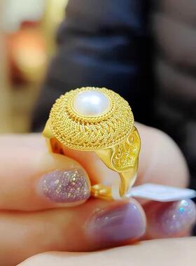 新中式复古黄金色花丝珍珠戒指古法时尚戒子2023年新款食指戒