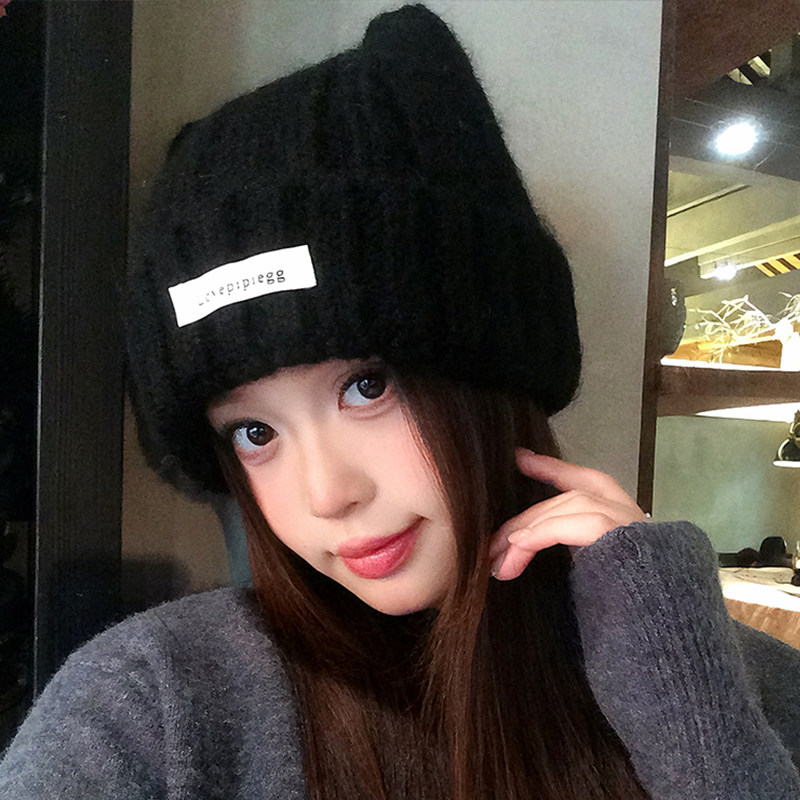 可爱猫耳朵帽子女士冬季加厚防寒保暖冷帽大头围显脸小针织毛线帽