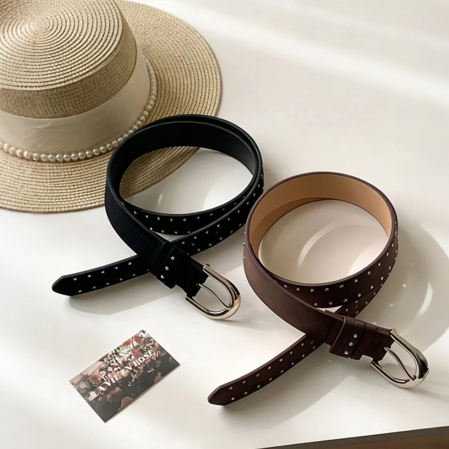 美式铆钉腰带女2026新款辣妹配牛仔裤复古纯色细腰带配饰丝绒皮带