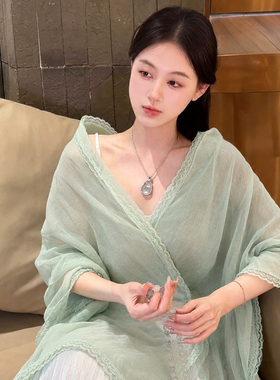 清冷感薄荷绿蕾丝棉麻披肩女外搭