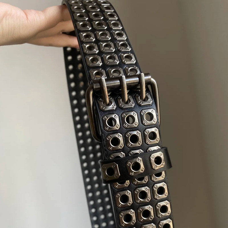 重工金属铆钉腰带2026年朋克风三排扣镂空黑色宽皮带男女同款装饰,淘宝优惠券,粉丝福利购,淘宝优惠卷