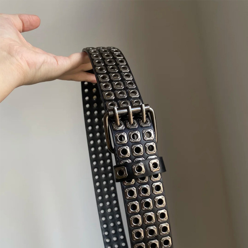 重工金属铆钉腰带2026年朋克风三排扣镂空黑色宽皮带男女同款装饰,淘宝优惠券,粉丝福利购,淘宝优惠卷