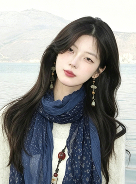 森系棉麻藏蓝色碎花丝巾系脖女