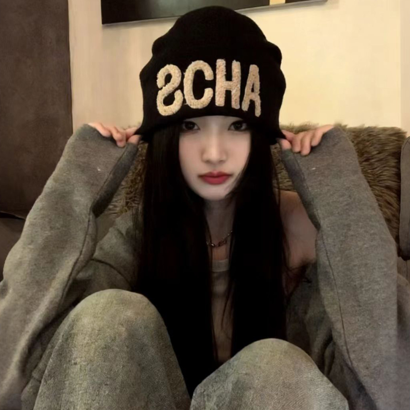 黑色刺绣字母堆堆帽女士冬大头围保暖护耳显脸小针织帽子包头冷帽