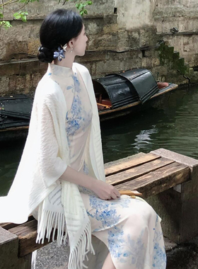 白色旗袍披肩女外搭2026新款