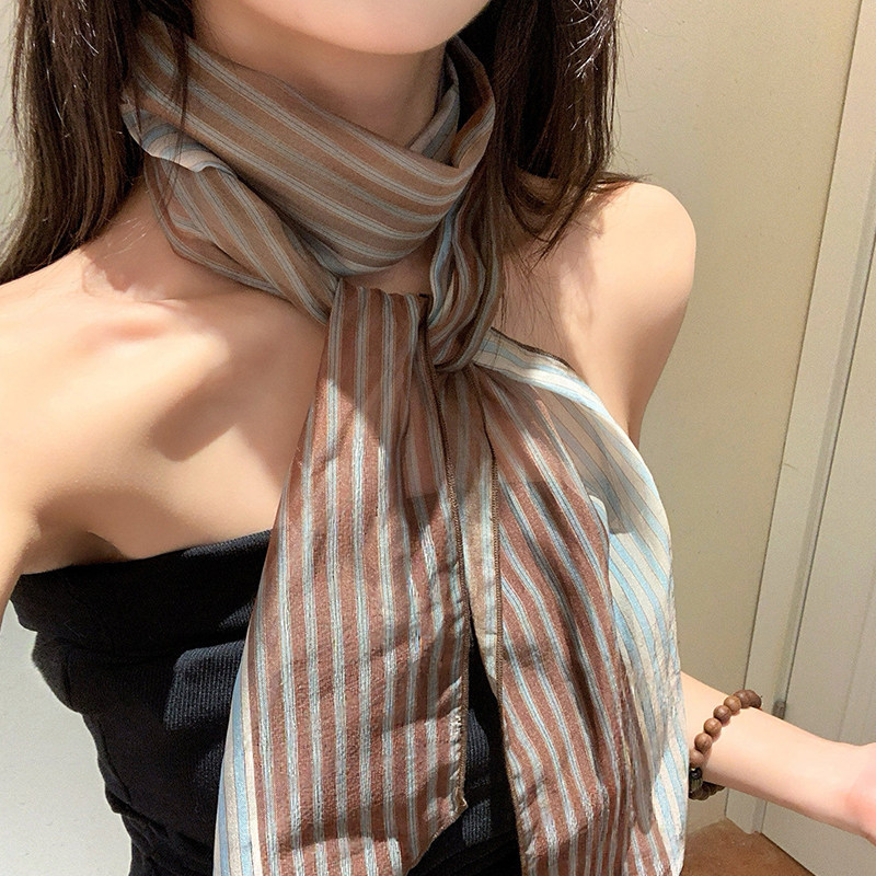 复古拼色长条系腰带丝巾女2026新款高级系脖薄款围巾领巾发带飘带