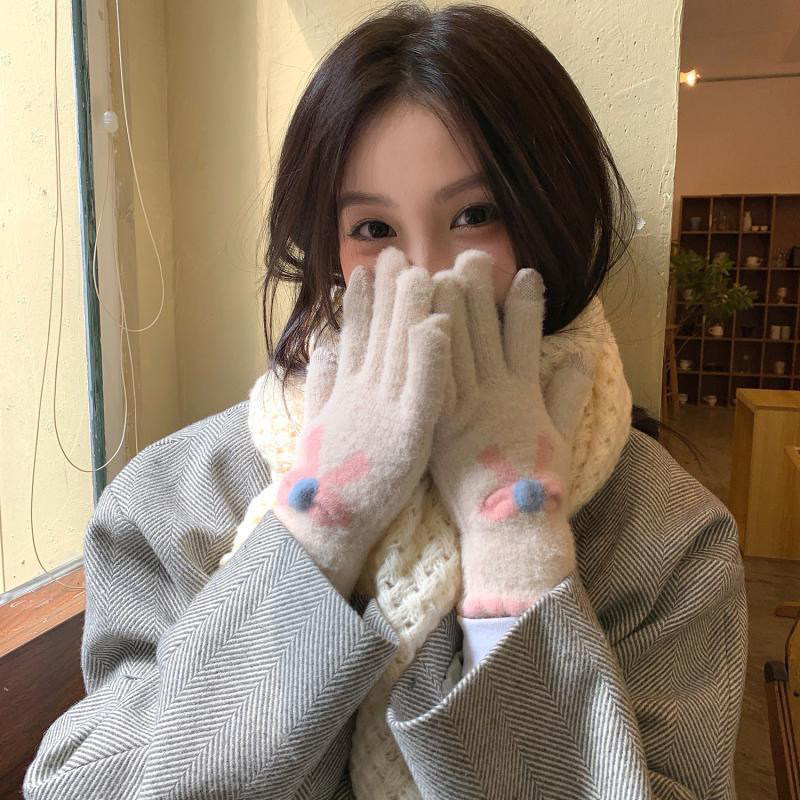 可触屏手套女2026年冬季可爱蝴蝶结毛绒五指骑行保暖加厚防寒学生,淘宝优惠券,粉丝福利购,淘宝优惠卷