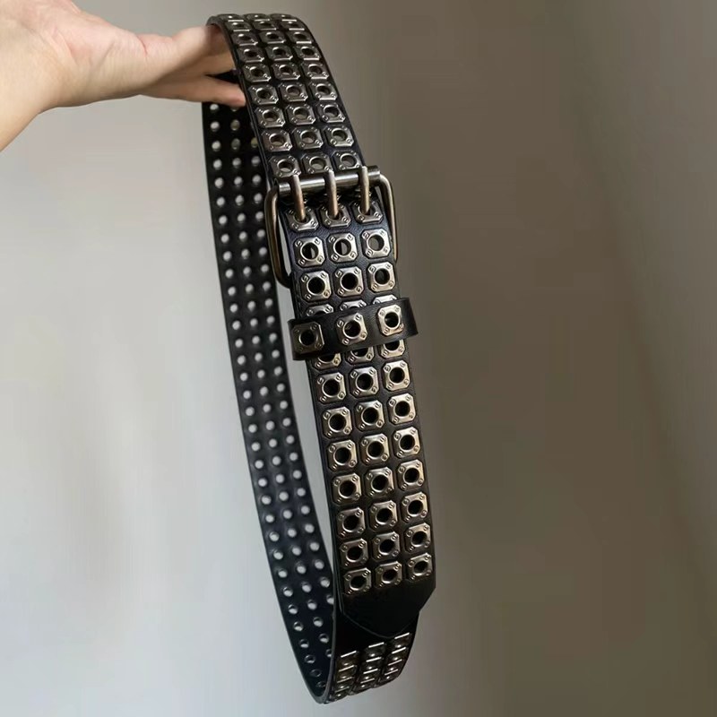 重工金属铆钉腰带2026年朋克风三排扣镂空黑色宽皮带男女同款装饰,淘宝优惠券,粉丝福利购,淘宝优惠卷