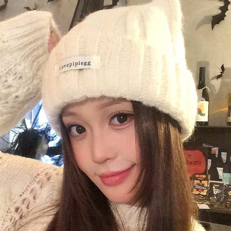 可爱猫耳朵帽子女士冬季加厚防寒保暖冷帽大头围显脸小针织毛线帽
