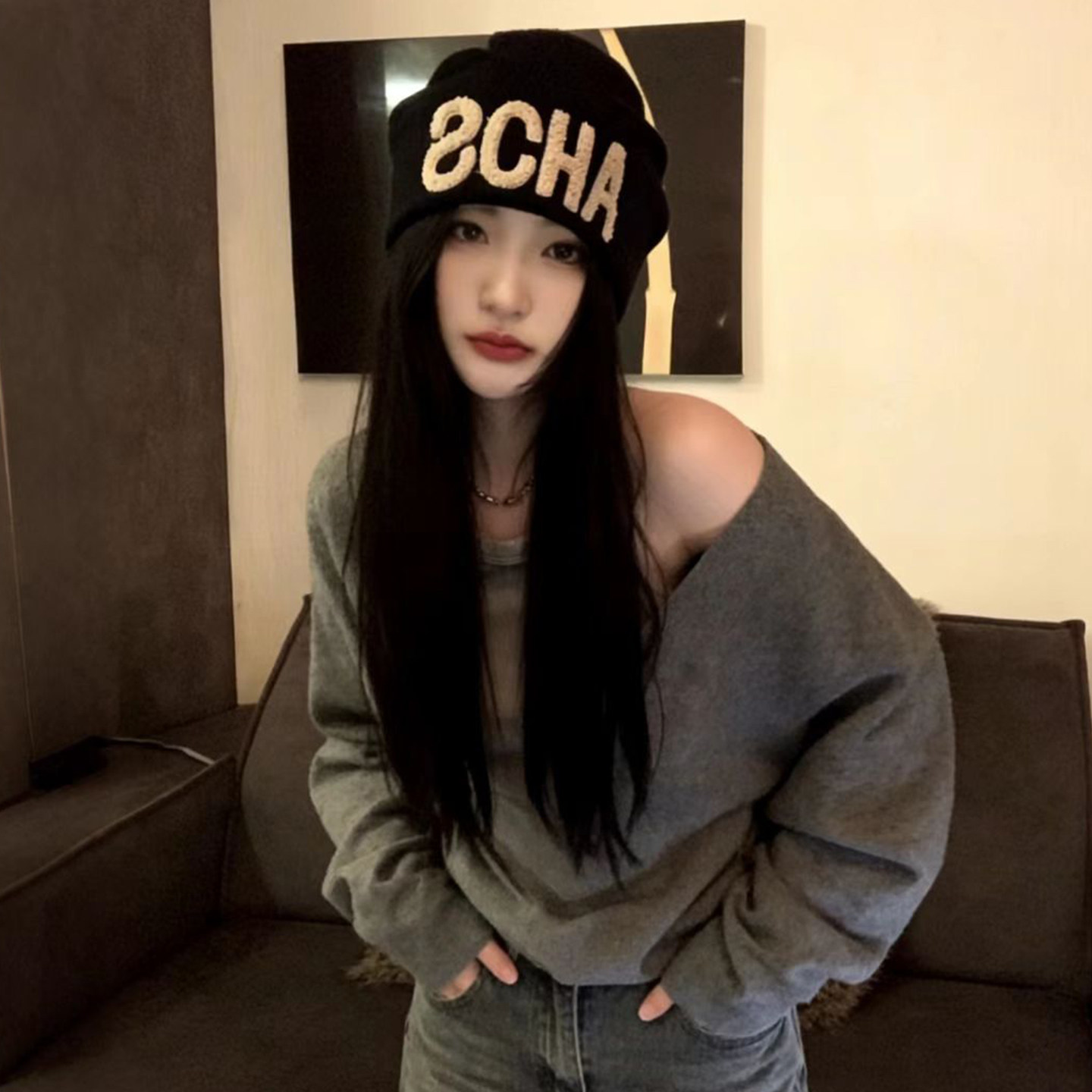 黑色刺绣字母堆堆帽女士冬大头围保暖护耳显脸小针织帽子包头冷帽