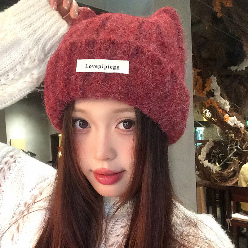 可爱猫耳朵帽子女士冬季加厚防寒保暖冷帽大头围显脸小针织毛线帽