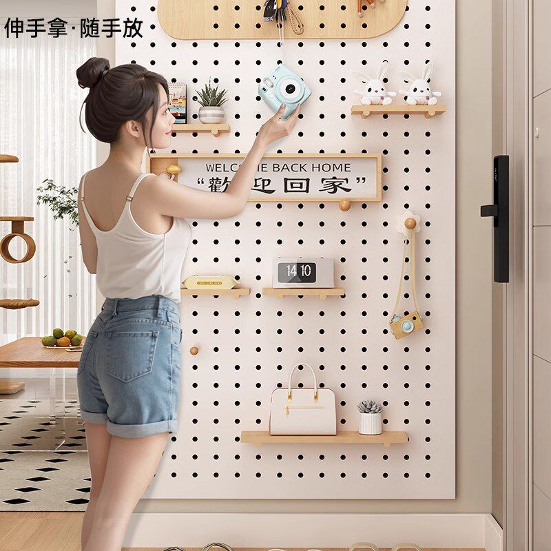 Hot-selling Sanmeng solid wood hole board storage rack wall entrance style wall custom paint-free board storage board exhibition