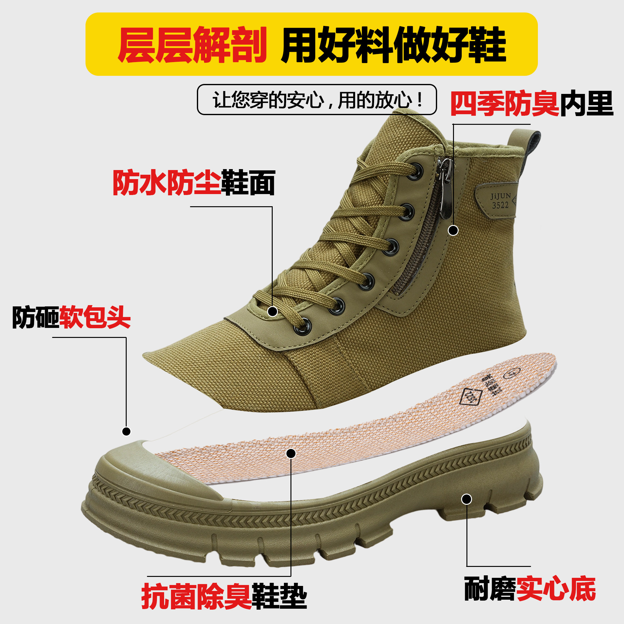 工地耐磨军训劳保鞋防臭秋季高帮男士轻便防滑防砸防刺解放鞋男鞋,淘宝优惠券,粉丝福利购,淘宝优惠卷