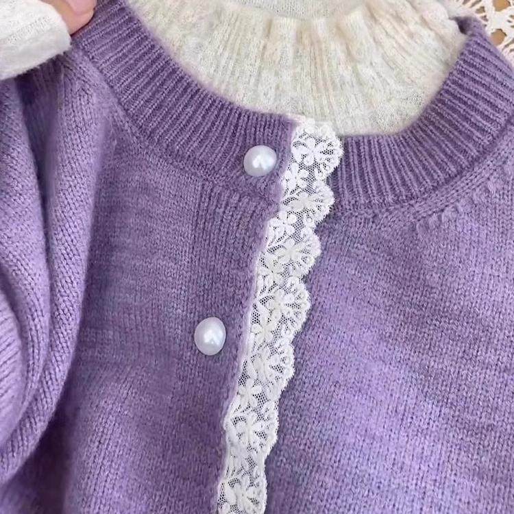 蕾丝拼接紫色毛衣开衫新款2024秋冬季设计感小众超好看针织外套女,淘宝优惠券,粉丝福利购,淘宝优惠卷