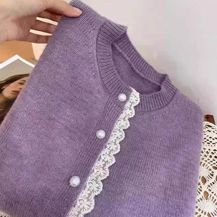 蕾丝拼接紫色毛衣开衫新款2024秋冬季设计感小众超好看针织外套女,淘宝优惠券,粉丝福利购,淘宝优惠卷