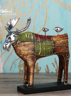 油画动创物家居装饰品酒店民宿意摆件公油画麋鹿室桌面树脂办鹿工