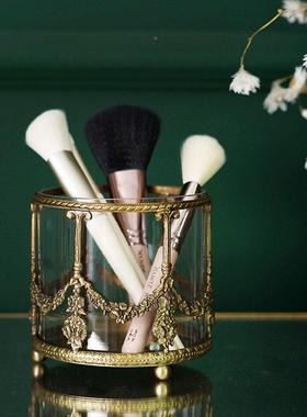 费璃灵花式家居欧覆古雕黄铜玻收纳桶化妆刷笔37193筒桌面轻奢摆