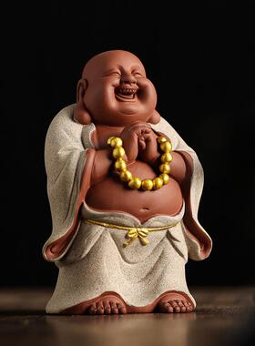 紫lp265879砂精品彩佛色弥勒摆件招财客笑面佛新中禅意厅式办公室