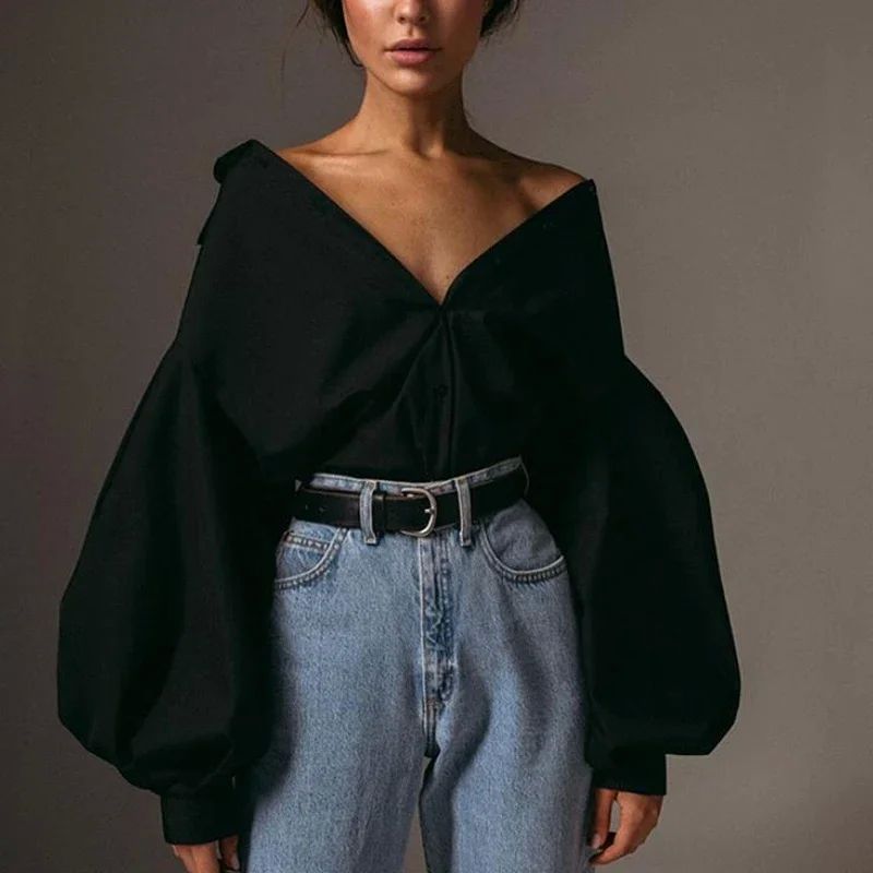 Lantern sleeve lapel loose long sleeved shir翻领宽松长袖衬衫 - 图1