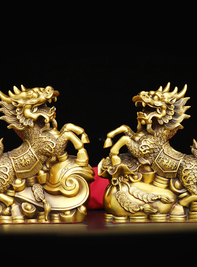 速发纯麟麒钱一对如意招财铜袋送子火麒麟家居客厅玄关铜工艺饰品