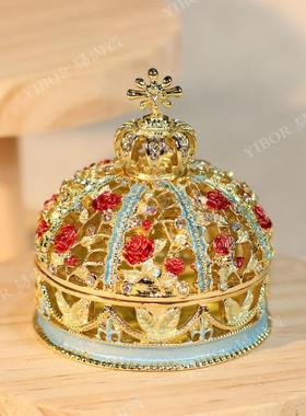 珐琅彩首饰盒金属手工艺品玫瑰花婚庆礼品皇冠摆件跨境货源