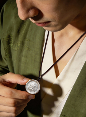 999足银黄财神吊坠纯银男士吉言项链项坠复古个性百搭国潮挂坠