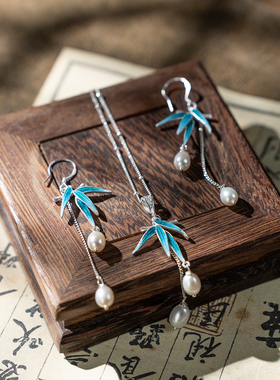 大师独家手作非遗珐琅竹韵吊坠999纯银项链足银耳环银饰礼物套装