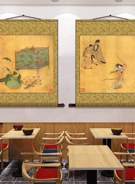 餐厅字画仿古花鸟酒店大堂字画斗方挂画可定制丝绸壁画装饰卷轴