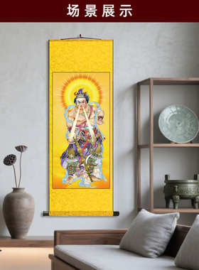 哼哈二将 人物画客厅玄关卷轴挂画佛堂侍奉丝绸卷轴装饰挂画