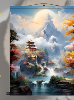 仙家堂口山水画 人物画玄关走廊背景墙丝绸卷轴画佛堂供奉挂画