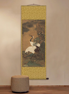 松鹤延年挂画卷轴字画丝绸壁画松鹤延年图玄关贺寿高清卷轴挂画