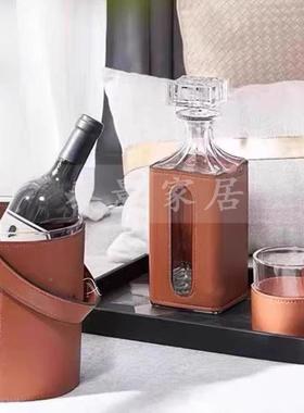欧板房皮革样酒桶酒具件套装阳台飘窗装饰摆茶几餐边柜式酒柜摆设