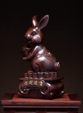黑檀木雕兔子摆件实木质动物雕塑生肖元宝兔家居客厅装饰祝福送礼
