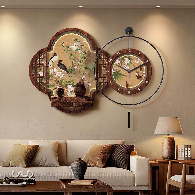新中式餐厅装饰画带挂钟宋代美学花鸟时钟餐桌背景墙挂画古风壁画
